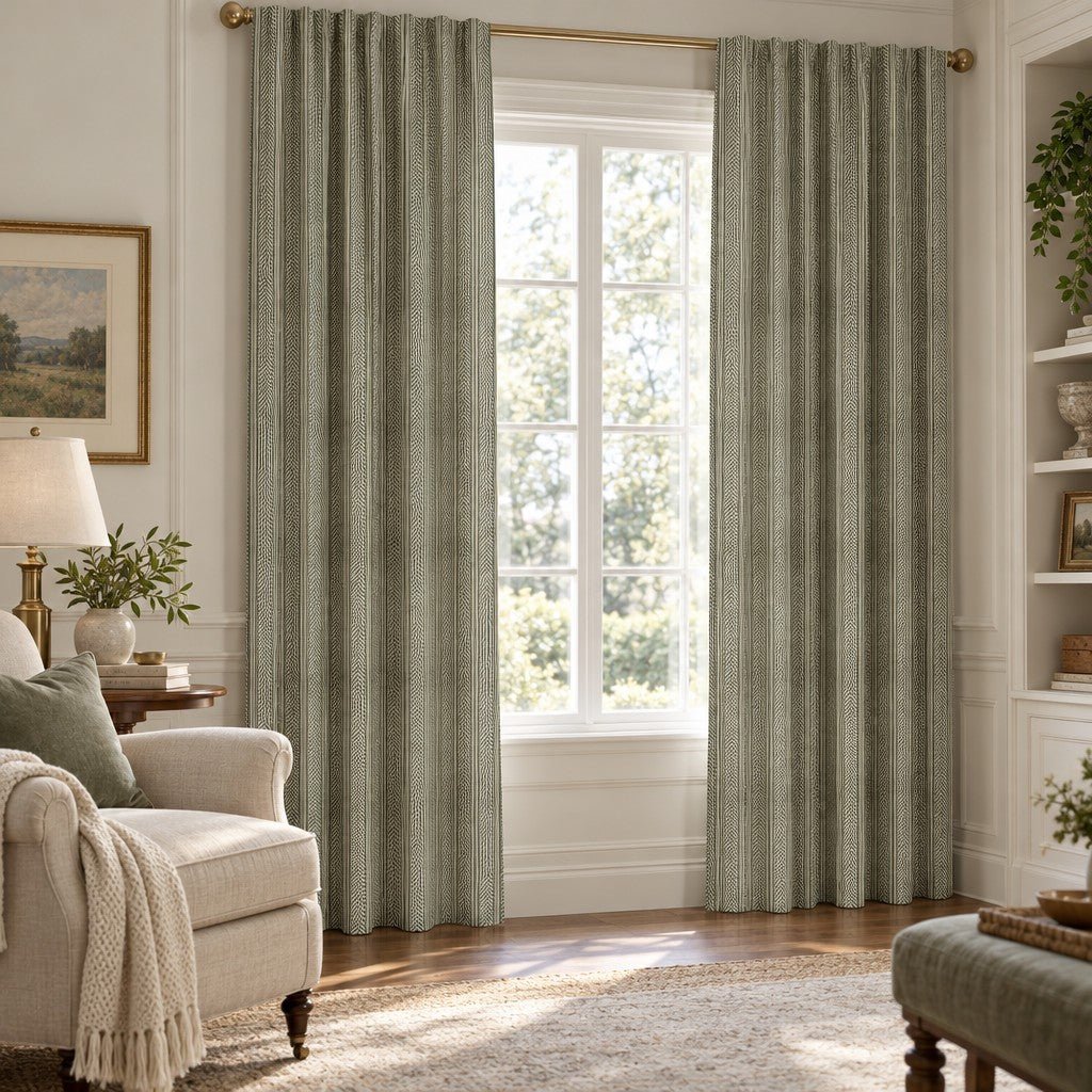 Olive Herringbone - Curtain Panel - The Drapery