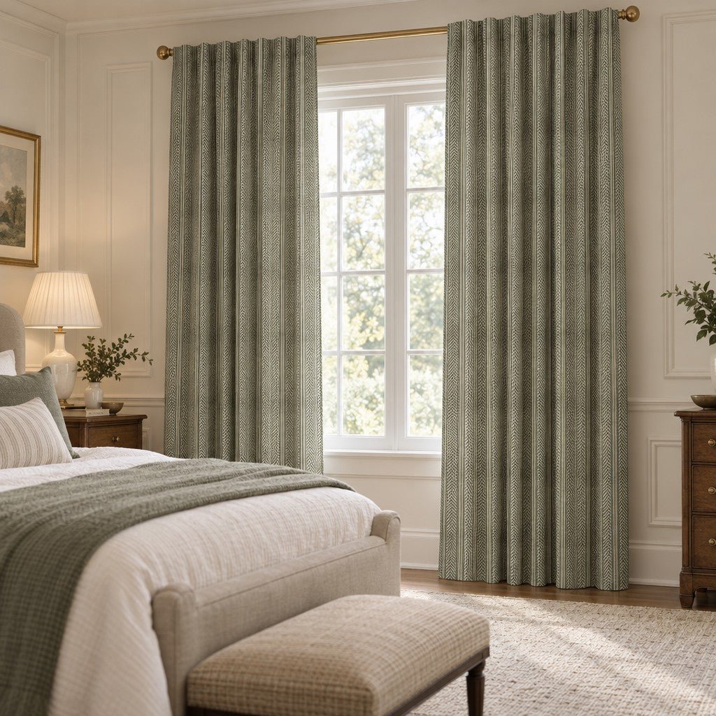 Olive Herringbone - Curtain Panel - The Drapery