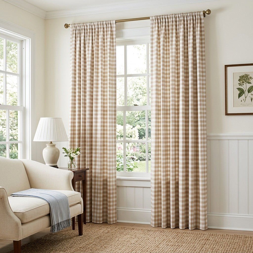 Tan Gingham - Curtain Panel - The Drapery